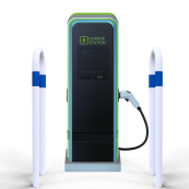 Barrier bracket | as e-charging station protection | for casting in concrete, | total width: 300mm, total height: 1400mm | hot-dip galvanized and white powder-coated with blue reflective stripes foil type RA1/A